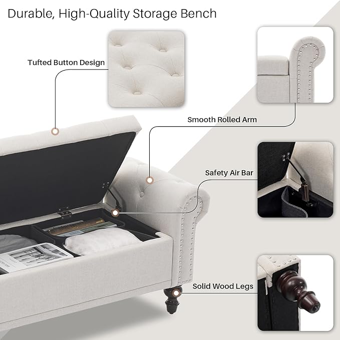 SOFTHION Storage Bench for Bedroom, Upholstered Linen Storage Ottoman