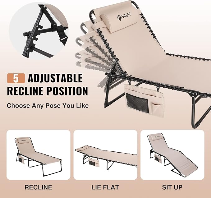 VILLEY Oversized Chaise Lounge Chair, Heavy-Duty Folding Outdoor Lounge Chair