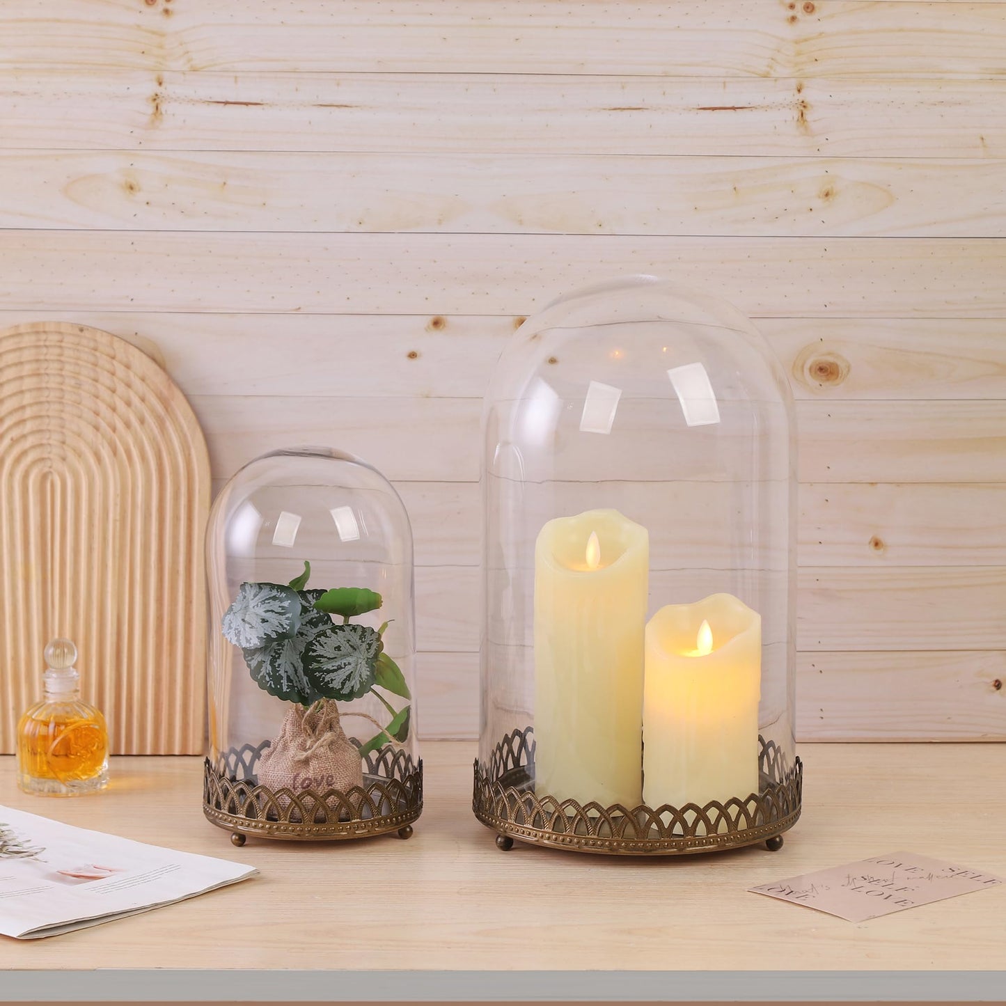 10" Tall Glass Dome with Metal Base in Antique Bronze for Terrarium, Plants, Trinkets, Cakes, Figurines, LED Light String, Candle. Cloche Glass Dome, Bell Jar Display Case, Mantle Place (1, 5.5"x10")