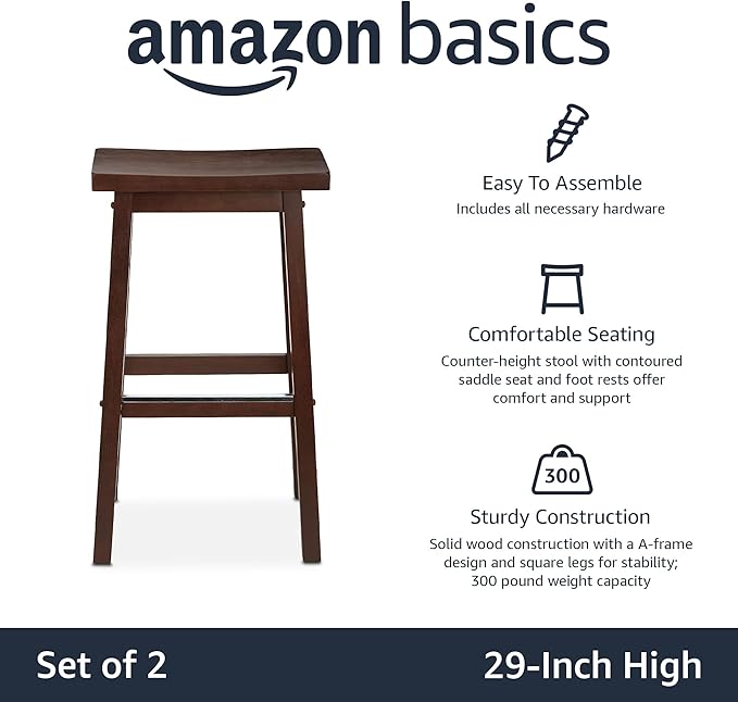 Amazon Basics Solid Wood Saddle-Seat Counter Height Bar Stools