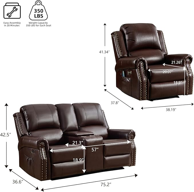 EBELLO 2-Piece Manual Recliner Sofa Set, Faux Leather Message Single Recliner