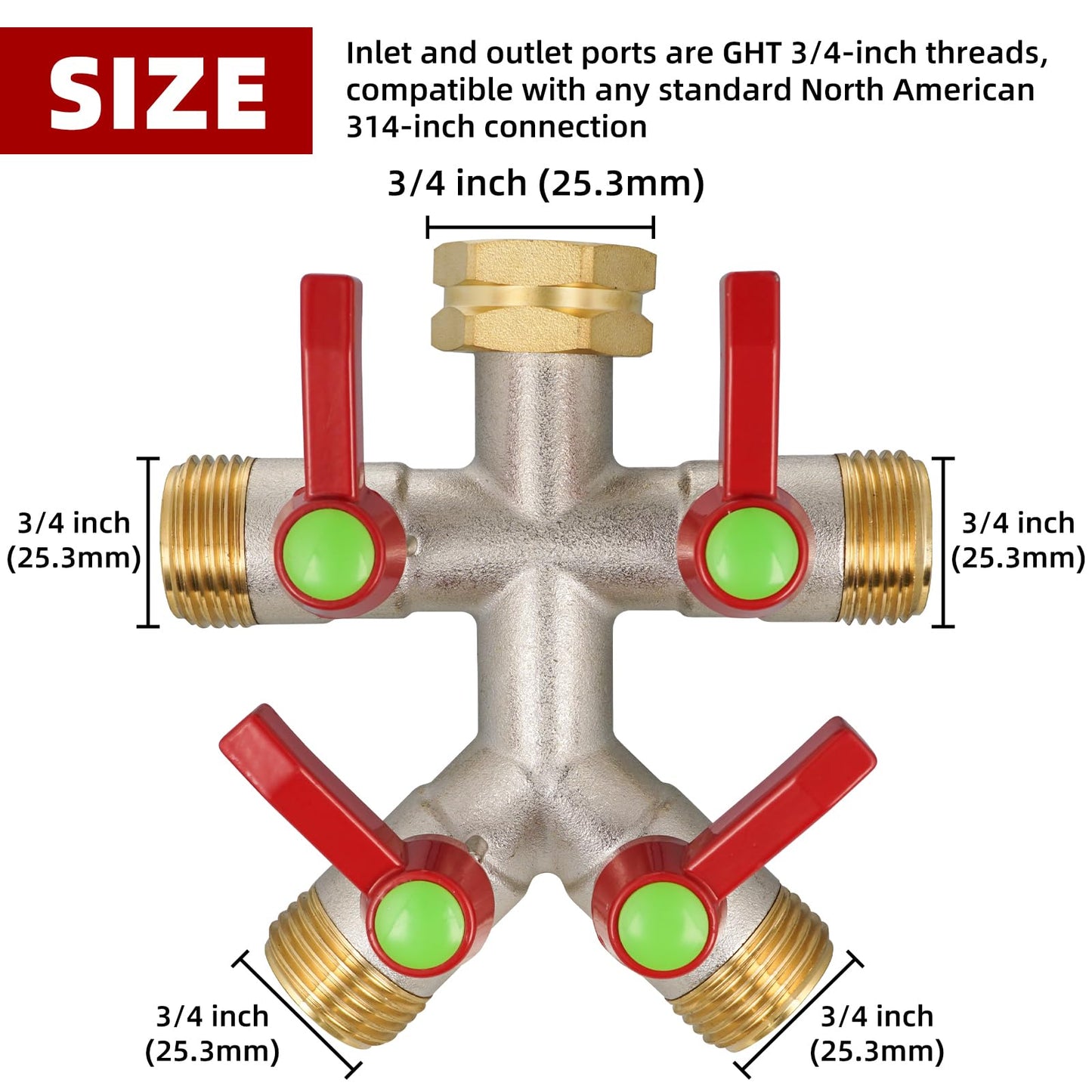 DINGBAI Hose Splitter 4 Way, High Flow Garden Hose Splitter, 3/4” Ght Inlet Brass Heavy Duty Hose Converter, Full Flow water 4 Way Faucet hose splitter, Long Handle Hose Valve Large Outlet.