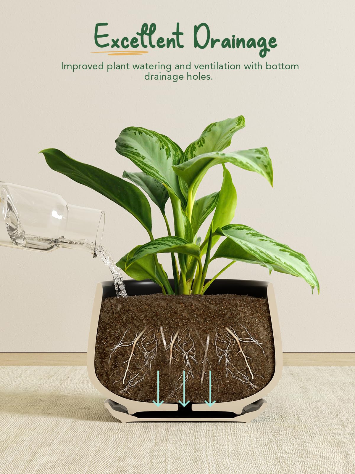 LE TAUCI Plant Pots, 4.1+5.1+6.5 inch, Set of 3, Ceramic Planters with Drainage Hole and Saucer, Indoor Flower Pot with Hole Mesh Pad, Gifts for Mom, Black