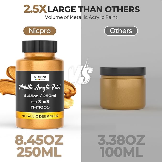 Nicpro Metallic Deep Gold Acrylic Paint, 8.45oz/250ml Large Deep Gold Leaf Paint