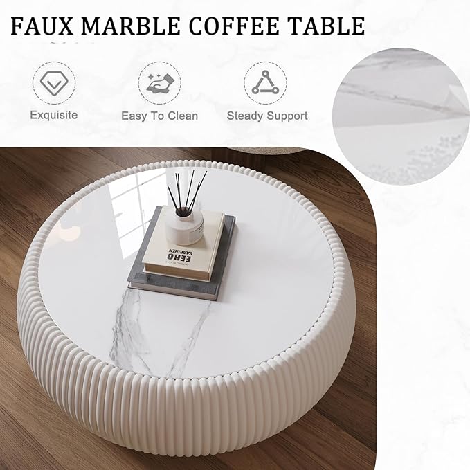 27.55" Round Marble Coffee Table, Modern Drum Coffee Cocktail Center Tables