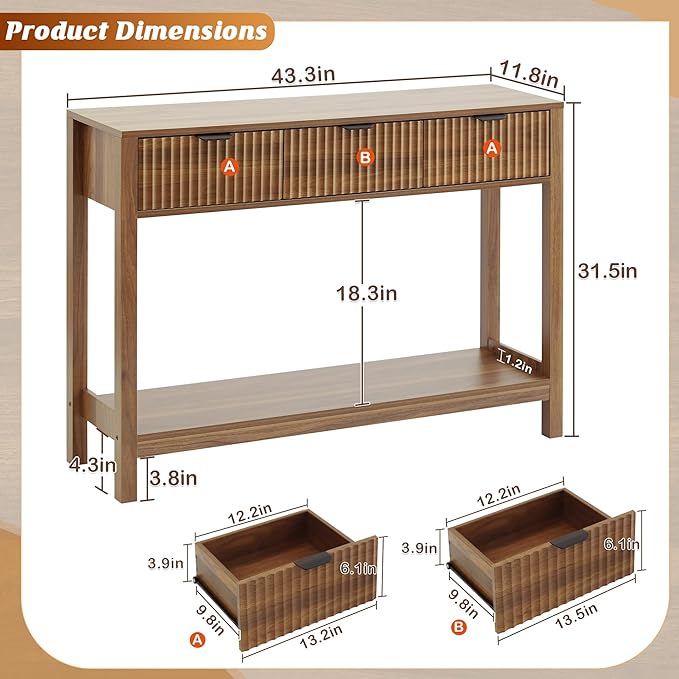 Nasonet Fluted Console Table, Wooden Sofa Table