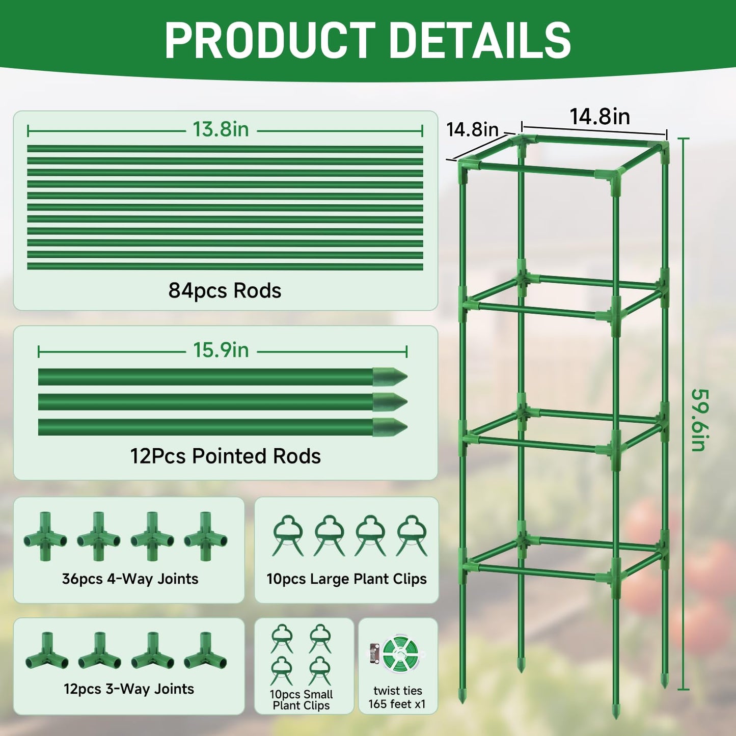 Square Tomato Cages Heavy Duty 3 Pack, Up to 59.6 Inches Tall Adjustable Tomato Trellis Cage for Garden, Plant Support for Vegetables Climbing Plants, Pots Raised Garden Bed Outdoor
