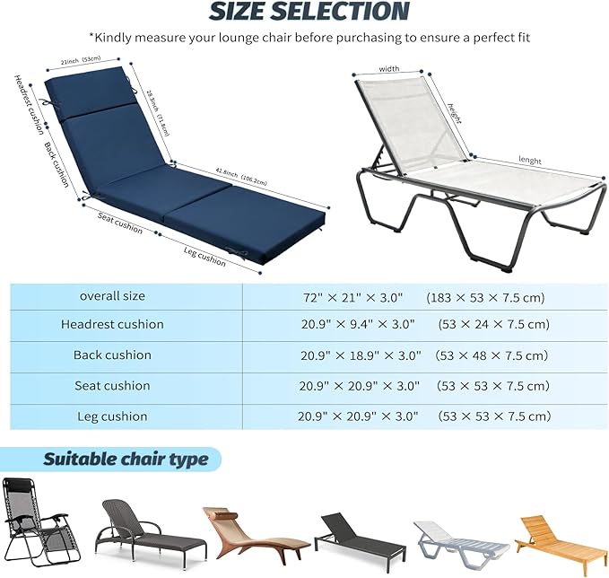 Outdoor Chaise Lounge Cushion 72" x 21" x 3", 4-Section Folding Patio Lounge
