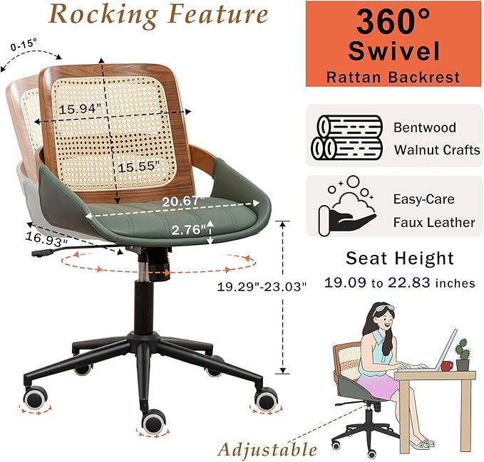 Home Office Desk Chair with Ergonomic Rattan Backrest, Walnut Crafts, Curved