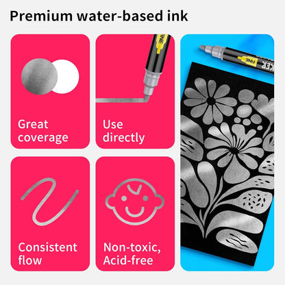 NAWOD 3 Silver Acrylic Paint Pens Markers, Dual Tip (Fine 1mm + Dot 5mm), for Rock Painting Fabric Canvas Glass Wood Ceramic Paper Eggs, Fabric Marker Ideal for Labeling DIY Crafts Art Projects