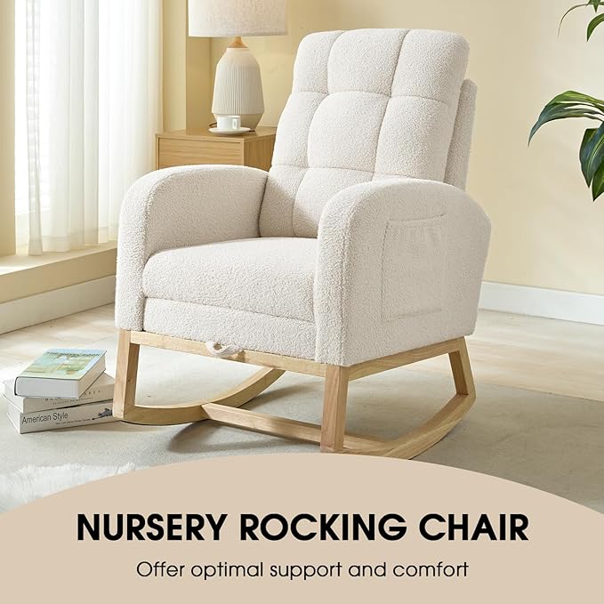 NIOIIKIT Modern Nursery Rocking Chair, Teddy Upholstered Rocking Chair