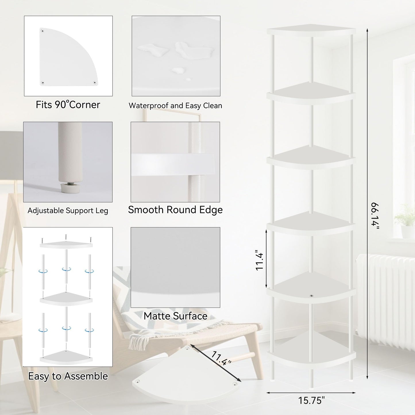 Qupui 6 Tier Corner Shelf Stand, 66” Tall Corner Bookshelf Multipurpose Shelving Unit, Plant Stand Display Rack Home Organizer Shelves for Bedroom Living Room, White