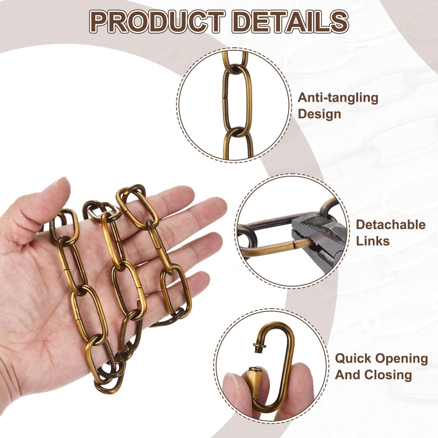 uxcell 6ft Lighting Hanging Chain, 3mm/0.12" Looping Metal Pendant Chandelier Chain Extension with 2 Quick Link Lock for Hanging Plant Pendant Chandelier Light Fixture, Gold Bronze