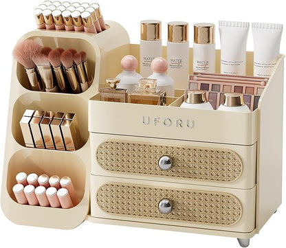UFORU Makeup Organizer for Vanity with Brush Holder, Large Capacity Bathroom Countertop Skincare Organizer with 2 Drawers, Cosmetic Display Case for Perfumes, Eyeshadow Palettes, Nail Polishes