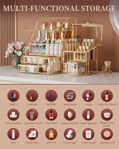 CoralHouse Makeup Organizer with Lid, 3-Piece Clear Glass Vanity Organizer with Gold Frame, Cosmetic Display Case for Perfume, Skincare, Lipsticks, Brushes and Bathroom Countertop