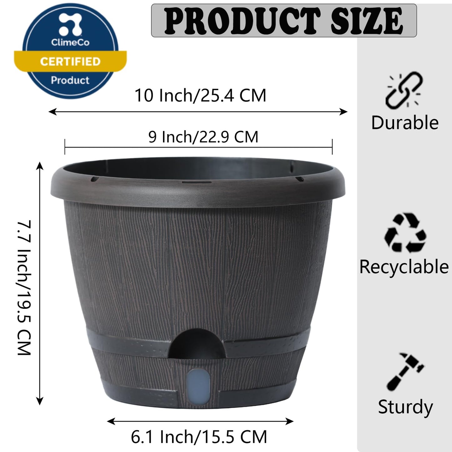 Sun-E 10 Inch Self Watering Planters 3-Pack - Rustic Whiskey Barrel Flower Pots with Water Level Indicator & Drainage, Farmhouse Decor for Indoor Outdoor Plants (Dark Brown Wood Grain)
