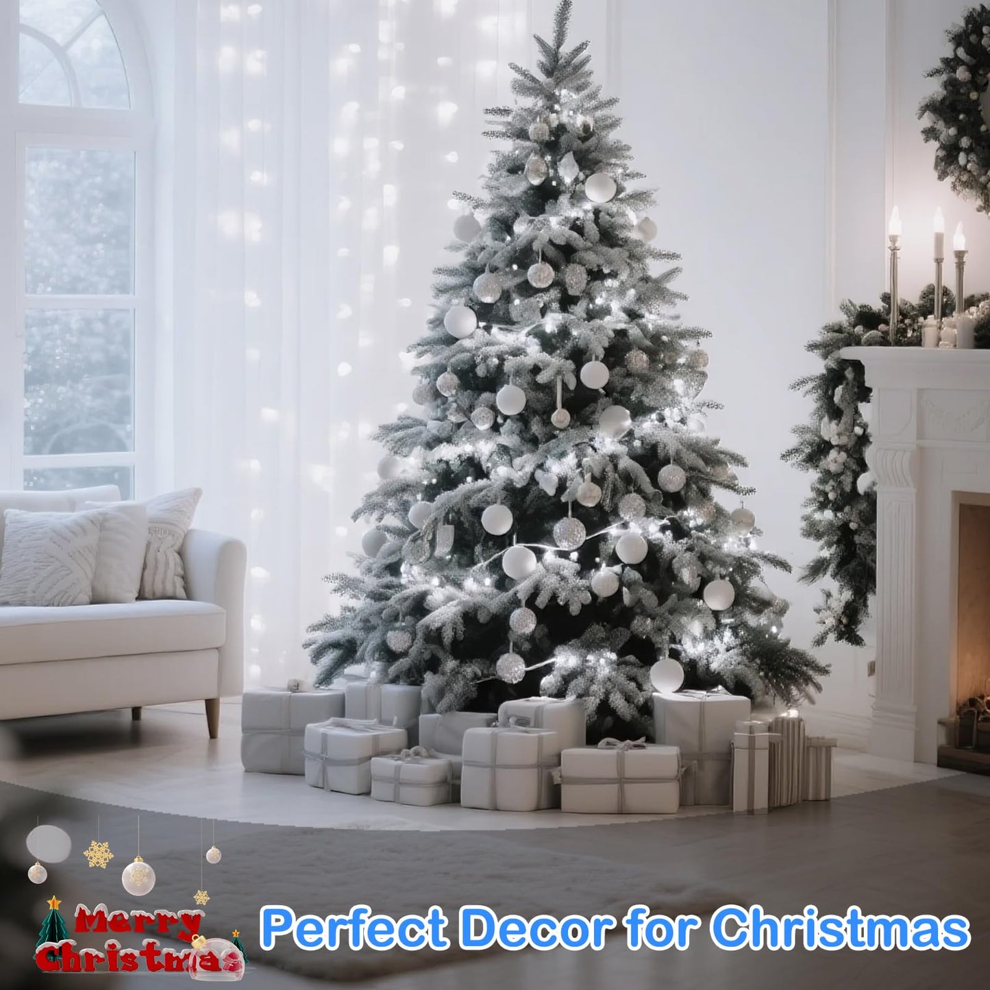 Decute 300LED Christmas String Lights Outdoor Waterproof 105FT UL Certified with End-to-End Plug 8 Modes, Cool White Indoor Starry Fairy Lights for Christmas Tree Patio Garden Wedding Party Decor