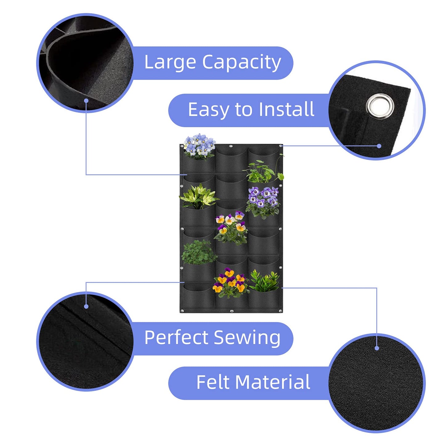 18 Pockets Hanging Planter Bags, Hanging Vertical Wall Mounted Plant Planting Grow Bags, Herb Garden Planter Outdoor Indoor Growing Bag, Gardening Vertical Greening Flower Container(1m×0.5m, Black)