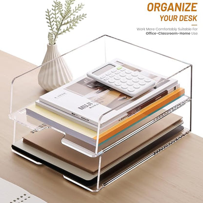 HeZone Enlarged Letter Paper Tray - Clear Acrylic Desk Organizers for Document Organization and File Storage - Stackable Office Accessories - 2 Pack (Large Tray V)