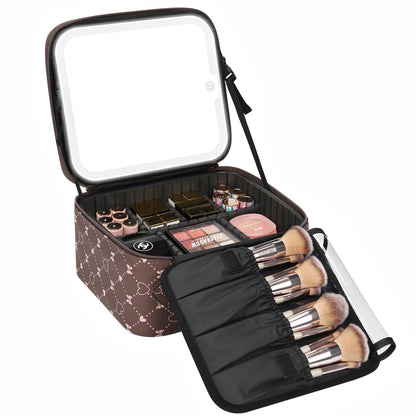Relavel Travel Makeup Bag With LED Mirror, Cosmetic Train Case with Light up Mirror, Portable Makeup Artist Organizer Bag with Adjustable Dividers, Makeup Brush Holder Storage, Black