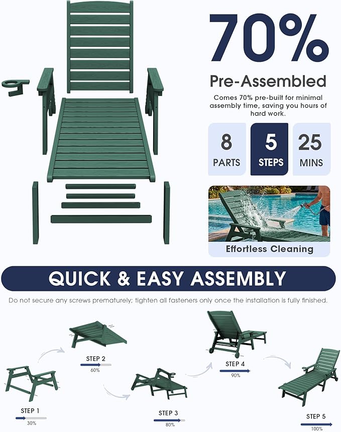 KINGYES HDPE Lounge Chair Outdoor Set of 4, Patio Chaise Lounge Recliner