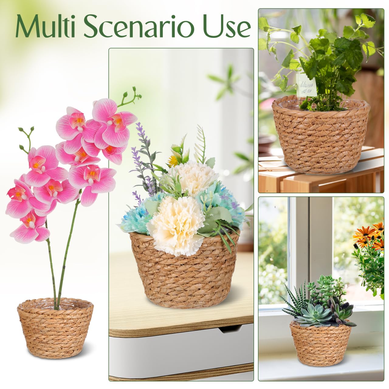 Alipis Wicker Planter: 5.1" Seagrass Plant Basket Indoor - Hand-Woven Planter Basket with Liner for Houseplants, Succulents & Boho Farmhouse Decor 2-Pack