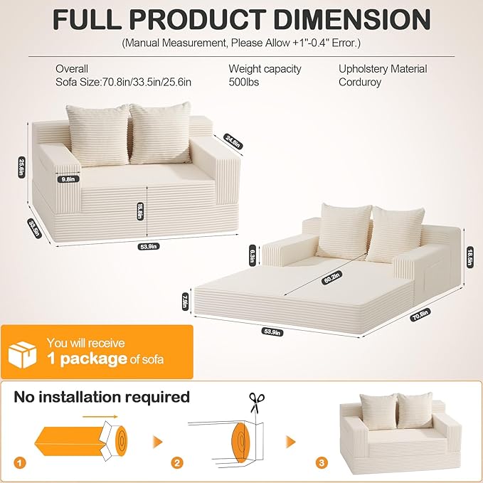 Erament Convertible Sofa Bed, Loveseat Folding Floor Futon Sleeper Sofa Couch