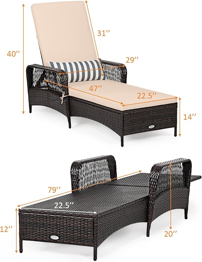 COSTWAY PE Rattan Chaise Lounge Chair, 6 Gear Adjustable Recliner