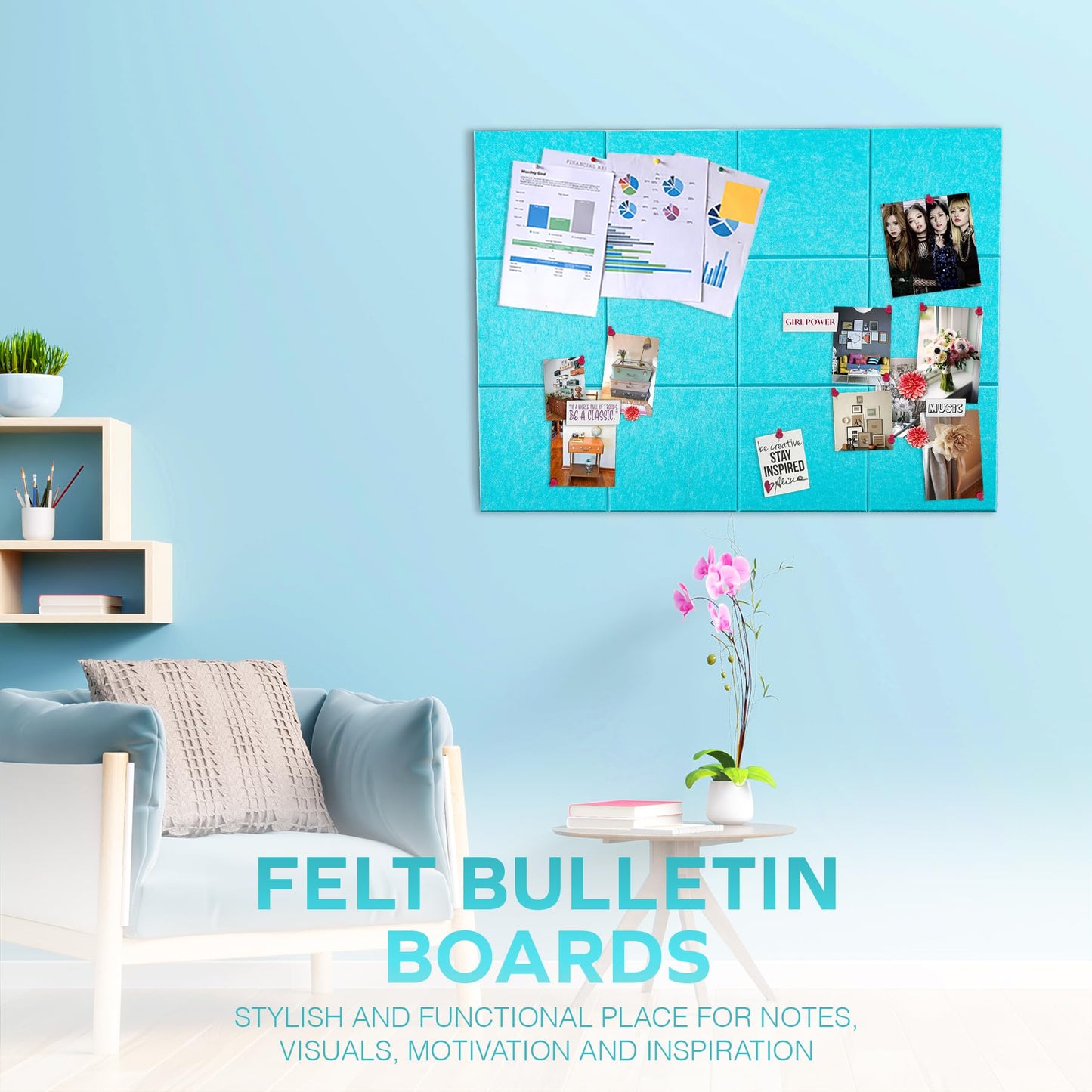 Bulletin Board 40x30in, 12 Count 9.8 x 9.8in Felt Wall Tiles with Removable Adhesive Tape, Cork Board Alternative for Walls, Wall Decor, Kids Art Display, Kids Room (Aqua Collection)