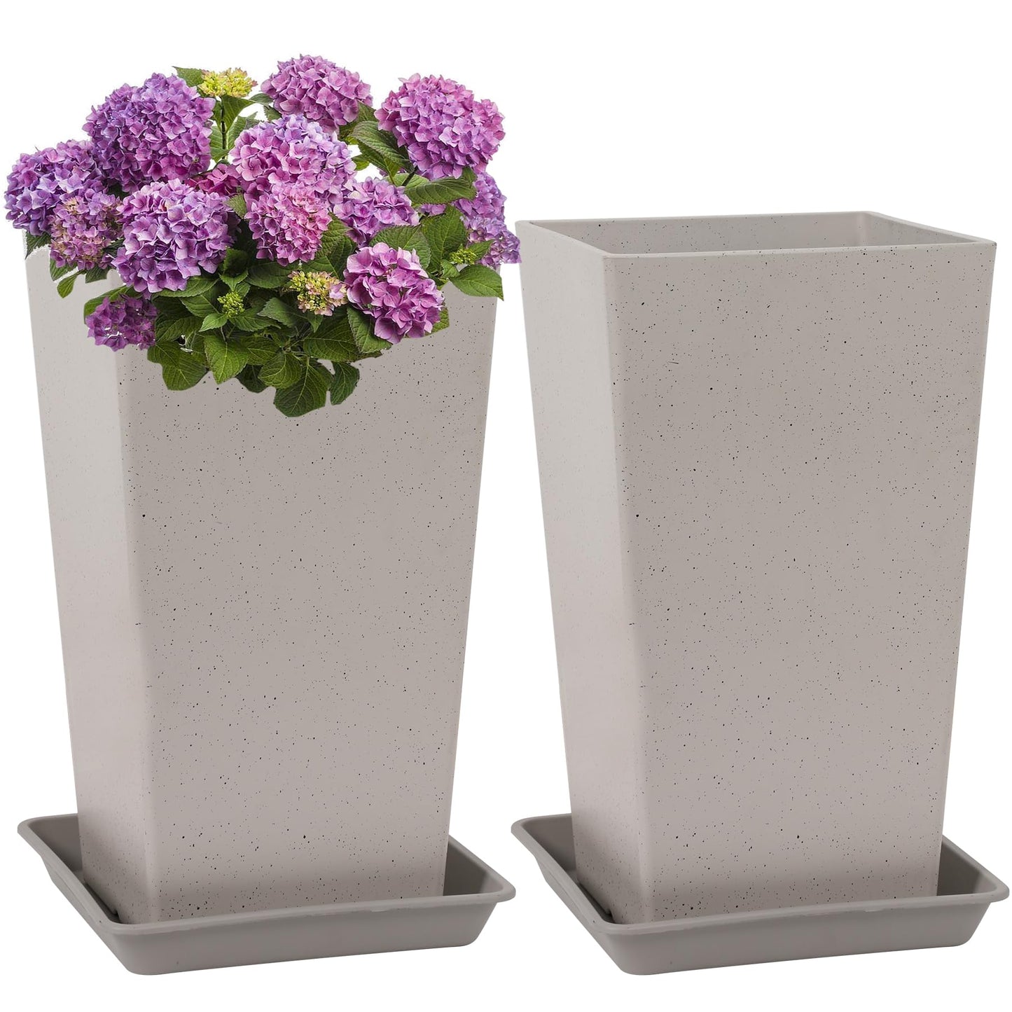 Neoaider Set of 2 Tall Planter, 21 inch Large Plastic Planter with Drain Hole & Saucers, Large Outdoor Planters for Porch, Garden, Patio, Balcony(Light Gray)