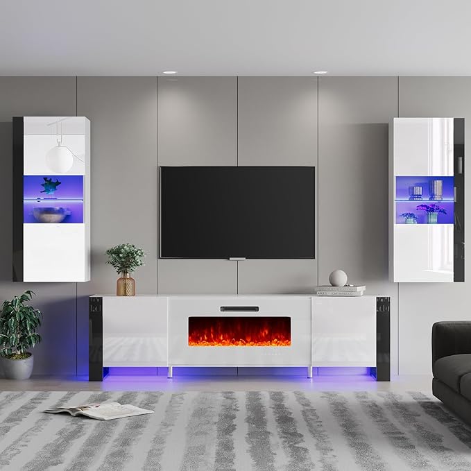 AMERLIFE 3-Piece Modern Wall Unit Entertainment Center Set, High Gloss 80"