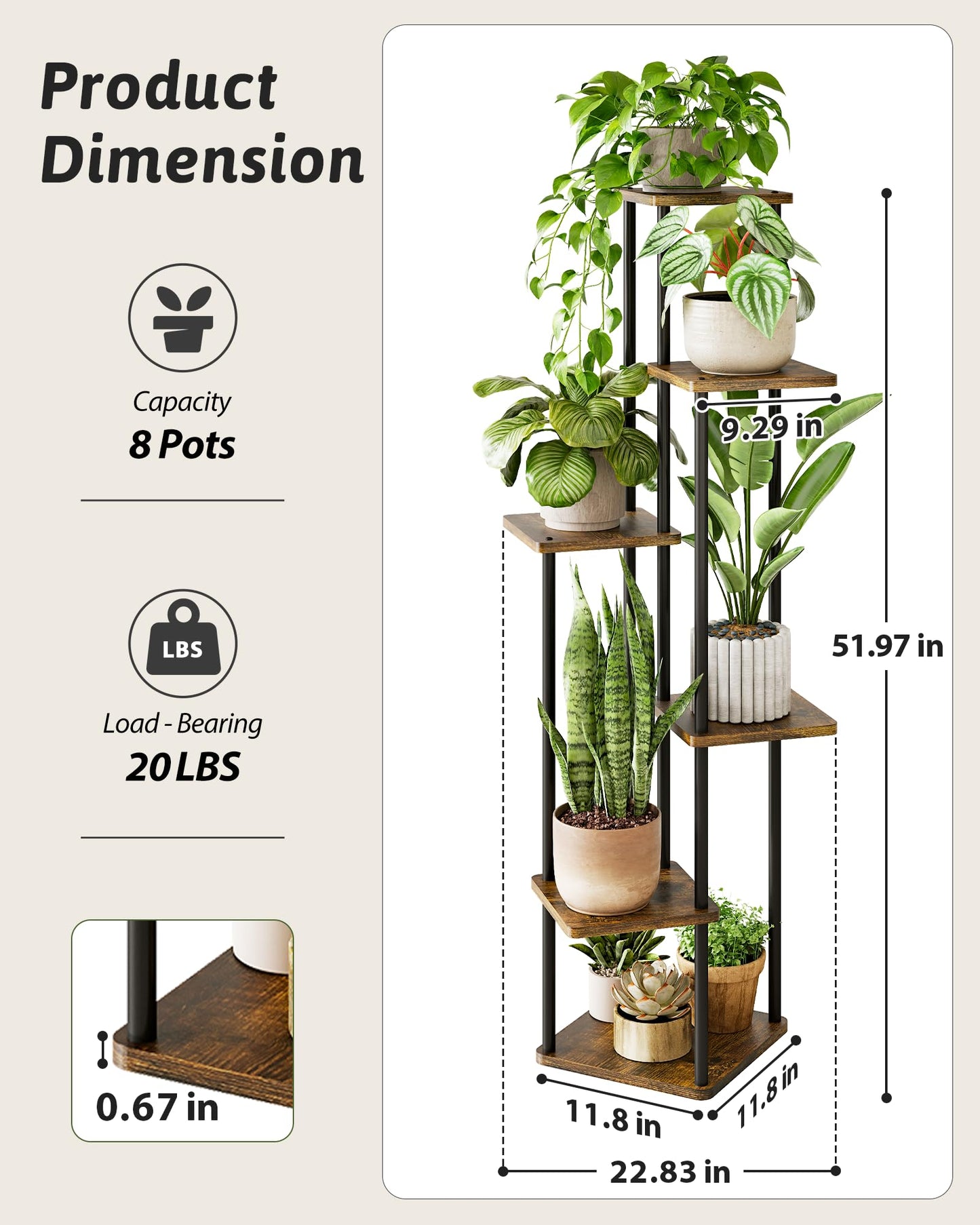GENTINGBRO Corner Plant Stand Indoor 6 Tiered Tall Plant Stand Plant Shelf for Multiple Plants Coner Shelf Wood Plant Stands Metal Shelving for Living Room Bedroom Balcony Patio Brown Oak