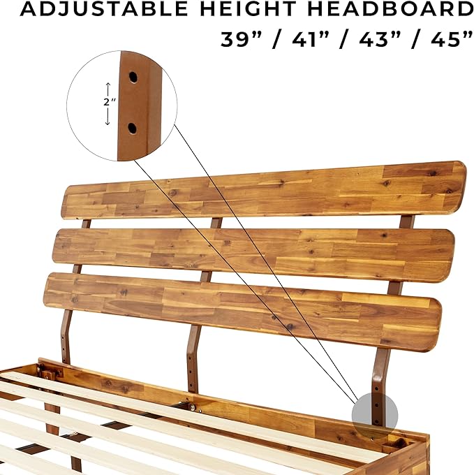 Bme Caden King Size Bed Frame and Adjustable Headboard, 15 Inch Mid Century