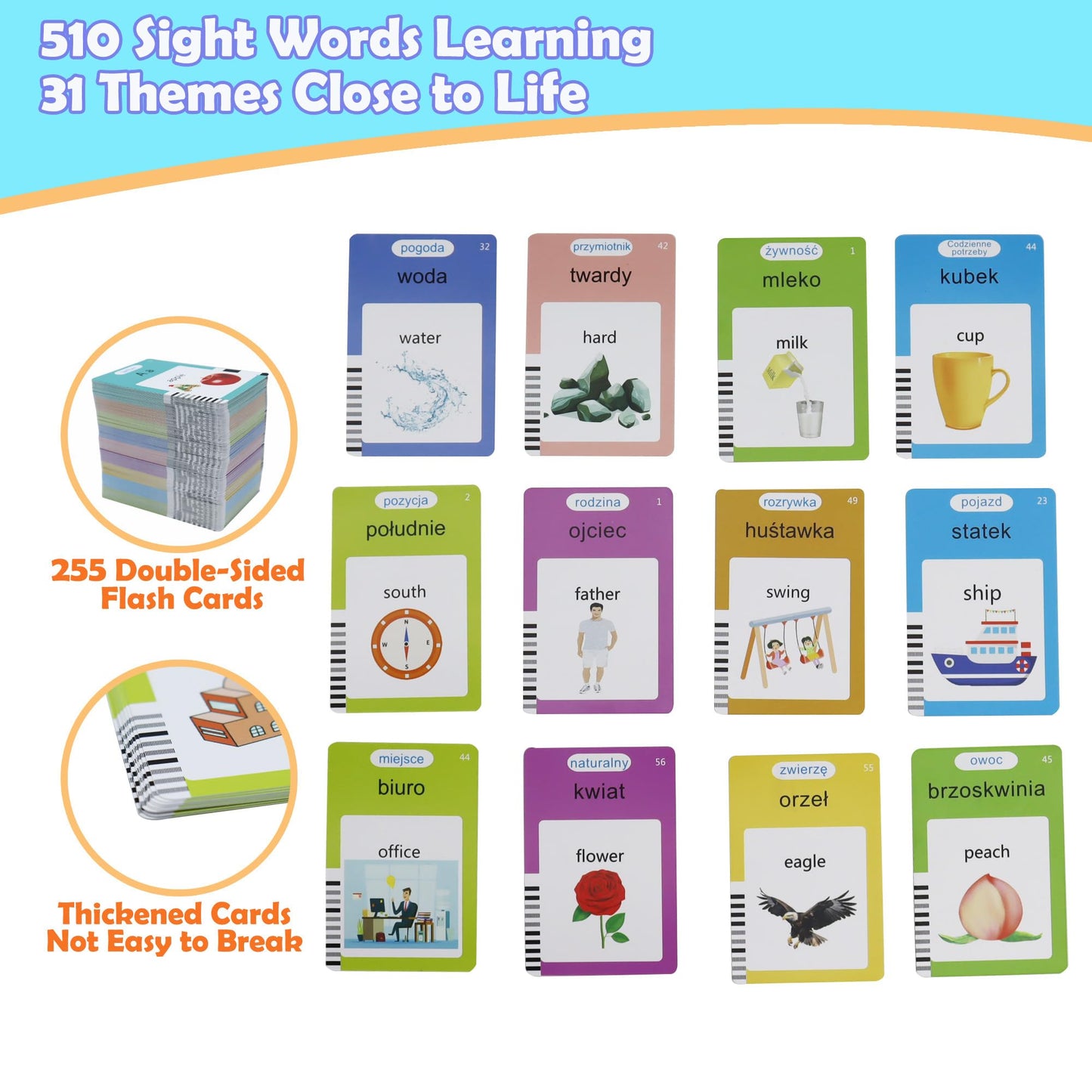 MAYAPHILOS 510 Sight Words Polish and English Talking Flash Cards Fun Polish Language Learning Toys for Kids, Learn Polish for Toddlers Sensory Preschool Educational Birthday Gifts