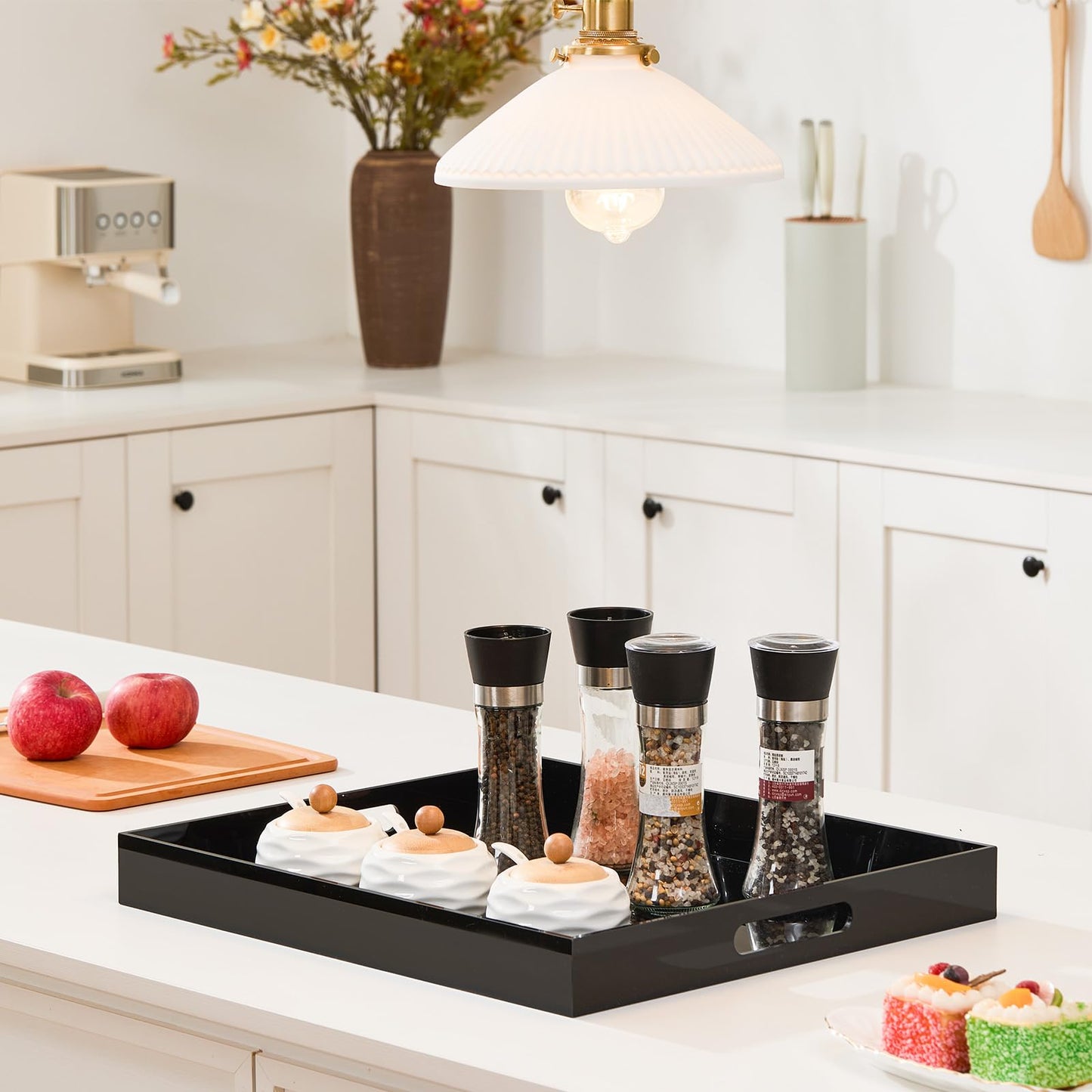 Large Glossy Black Acrylic Serving Tray (18×14Inches) with Cut Out Handles Spill Proof Acrylic Decorative Tray Organiser for Ottoman Coffee Table Countertop