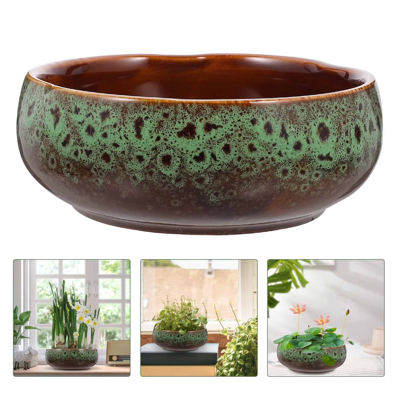Yardwe Hydroponic Ceramic Flower Pot 6.3 Inch Non-Porous Planter for Succulent Water Lily Bonsai Decoration Home and Garden Plant Container