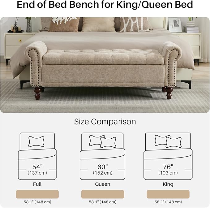 SOFTHION 58.1" Storage Bench Upholstered Chenille End of Bedroom Bed Bench