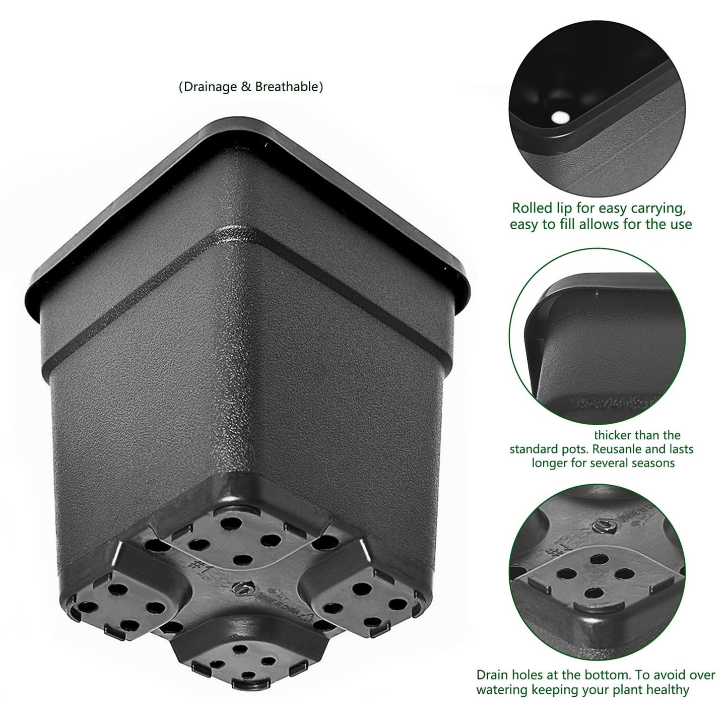 YSMN 10 Pcs 1.4 Gallon Black Square Nursery Pots with Drainage Holes and Plant Flexible Seedling Pots Seed Starting Planter for Indoor Outdoor Flowers