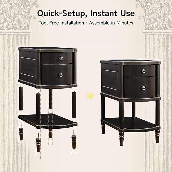 ONBRILL Narrow End Table with Charging Station, Pre-Assembled Nightstand with 2