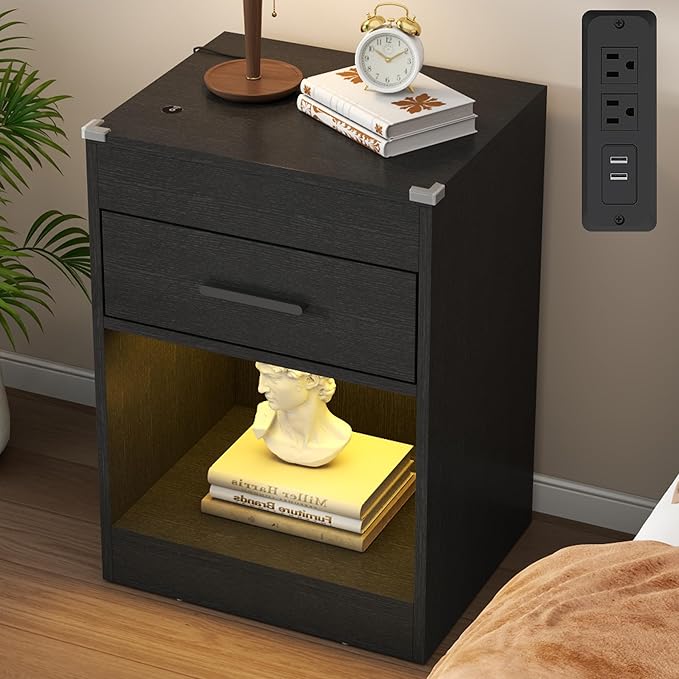 Gyfimoie Led Night Stand with Charging Station & RFID Lock Cabinet, Smart