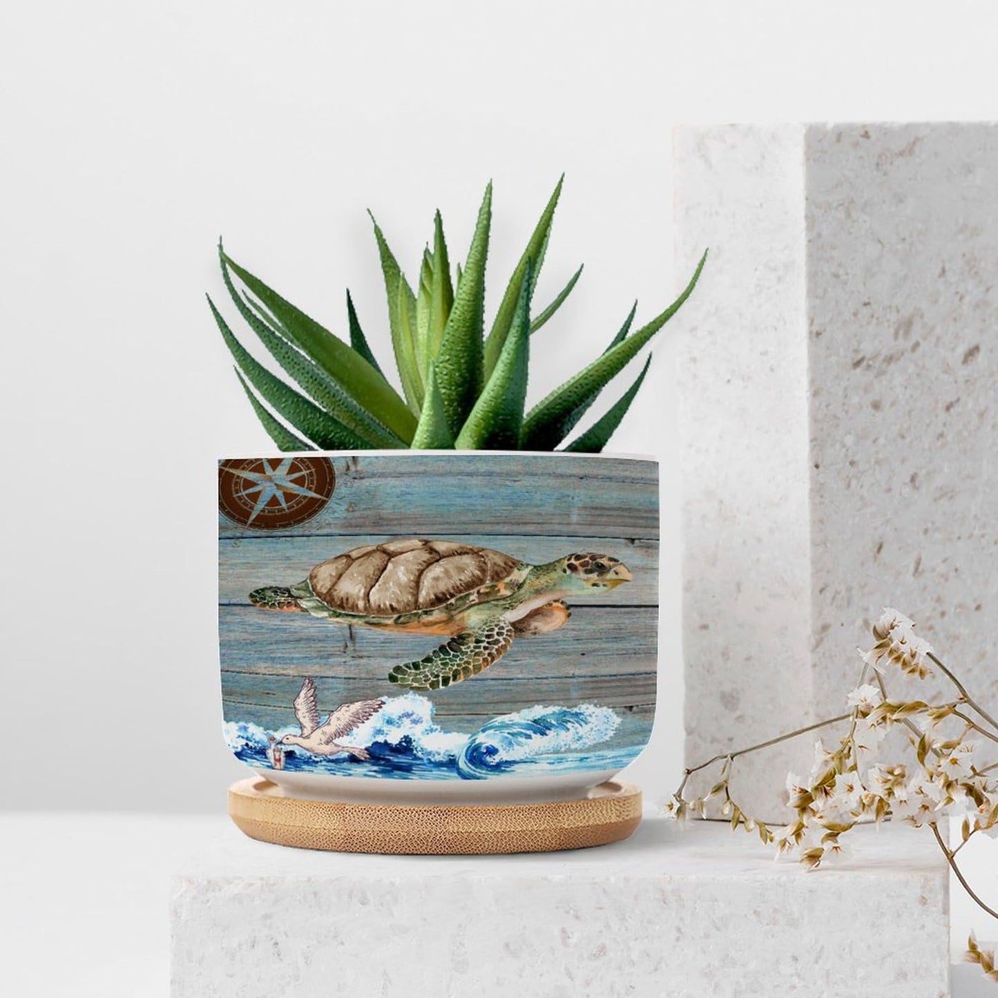 DreamAutumn Ocean Theme Sea Turtle Ceramic Pots for Plants with Drainage Holes Round Flower Pot Bamboo Tray Orchid Pot Succulents Pots for Outdoor Indoor Plants,Housewarming Gifts