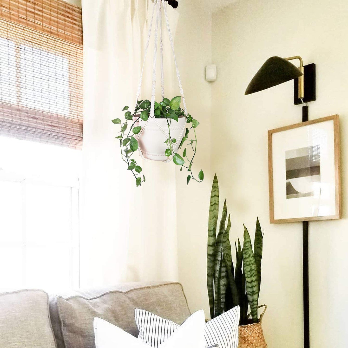 Bouqlife 43 Inches Macrame Plant Hanger Large for 12 inch Pot Extra Long No Tassel Cotton Rope Hanging Plant Holder with Ceiling Hook Bohemian Home Decor