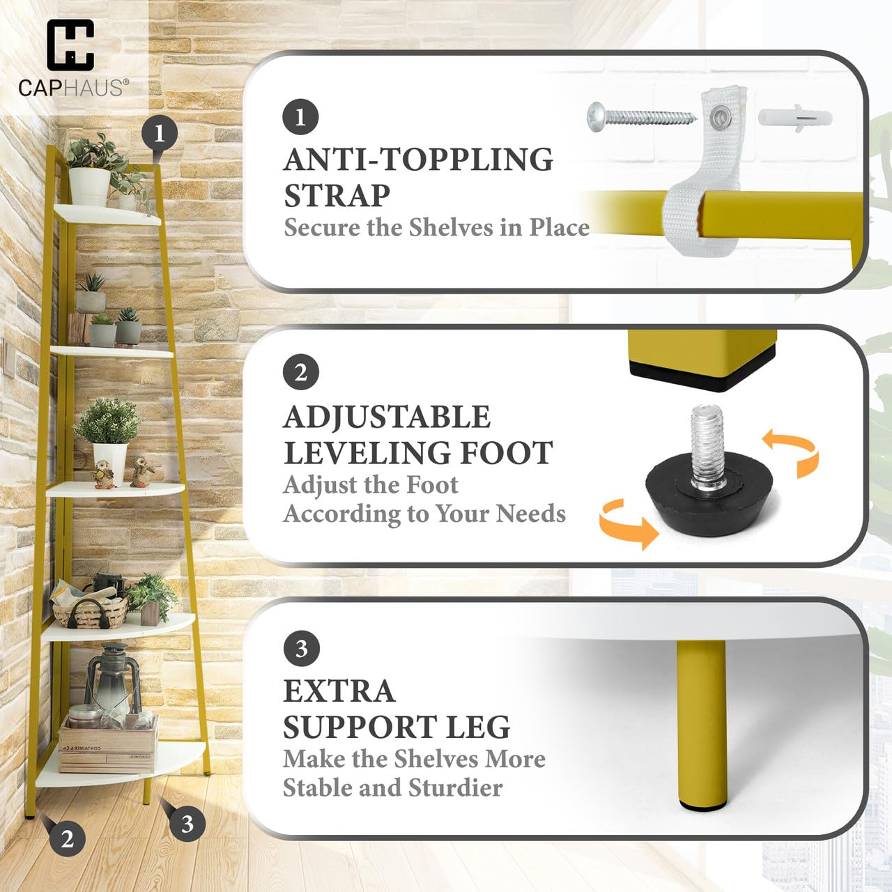 CAPHAUS Tall Corner Shelf Stand, 5-Tier Display Shelves, Ladder Corner Wood Storage Plant Bookshelf with Metal Frame, Versatile Shelving Unit Bookcase for Home Office Space, Gold