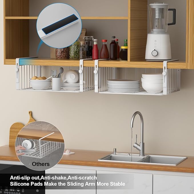 AmonHouseware 2 Pack Hanging Under Shelf Storage Basket,Adjustable Under Cabinet Add-on Storage Racks Slide-in Baskets Organizer for Laundry Room Kitchen Pantry Desk Bookshelf, White