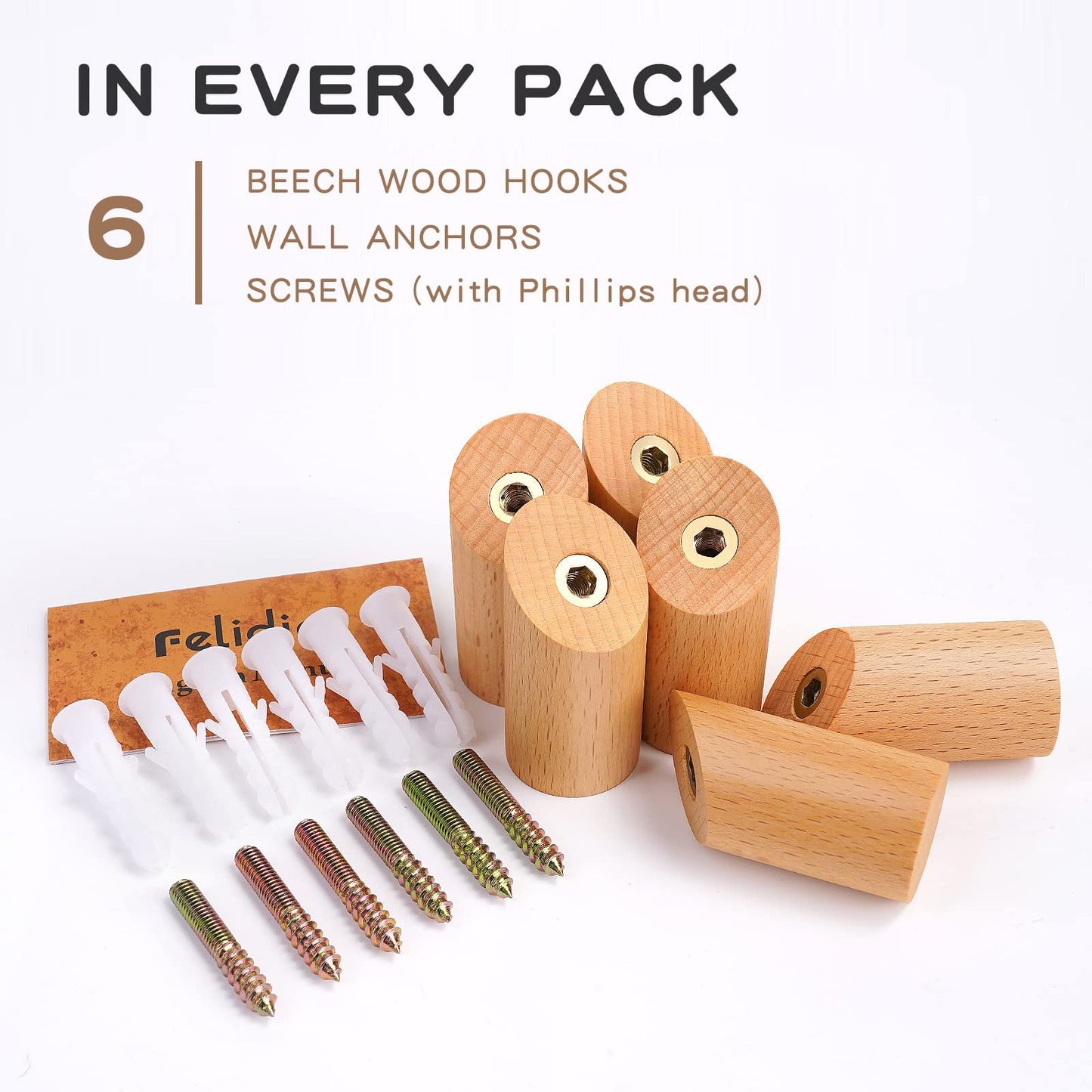 Felidio Wood Wall Hooks, 6 Pack Natural Wooden Coat Hooks Wall-Mounted, Rustic Heavy Duty Hook for Hanging Towels Coats Plants, Entryway Hat Hanger Wall Coat Rack (Beech Wood)
