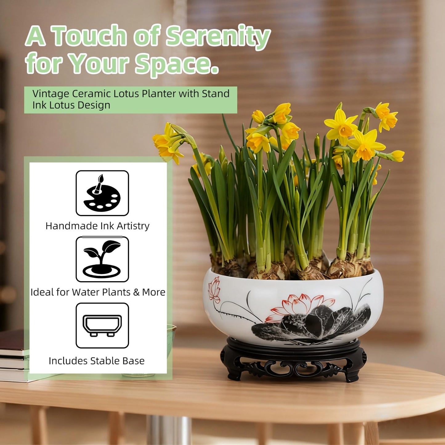 Veemoon Ceramic Lotus Bowl Planter, Chinese Hydroponic Pot with Base Round Pottery Shallow Planter Flower Plant Succulents Bowl Thickened No Drainage Pot for Indoor Outdoor Zen Garden Decor (6.68")