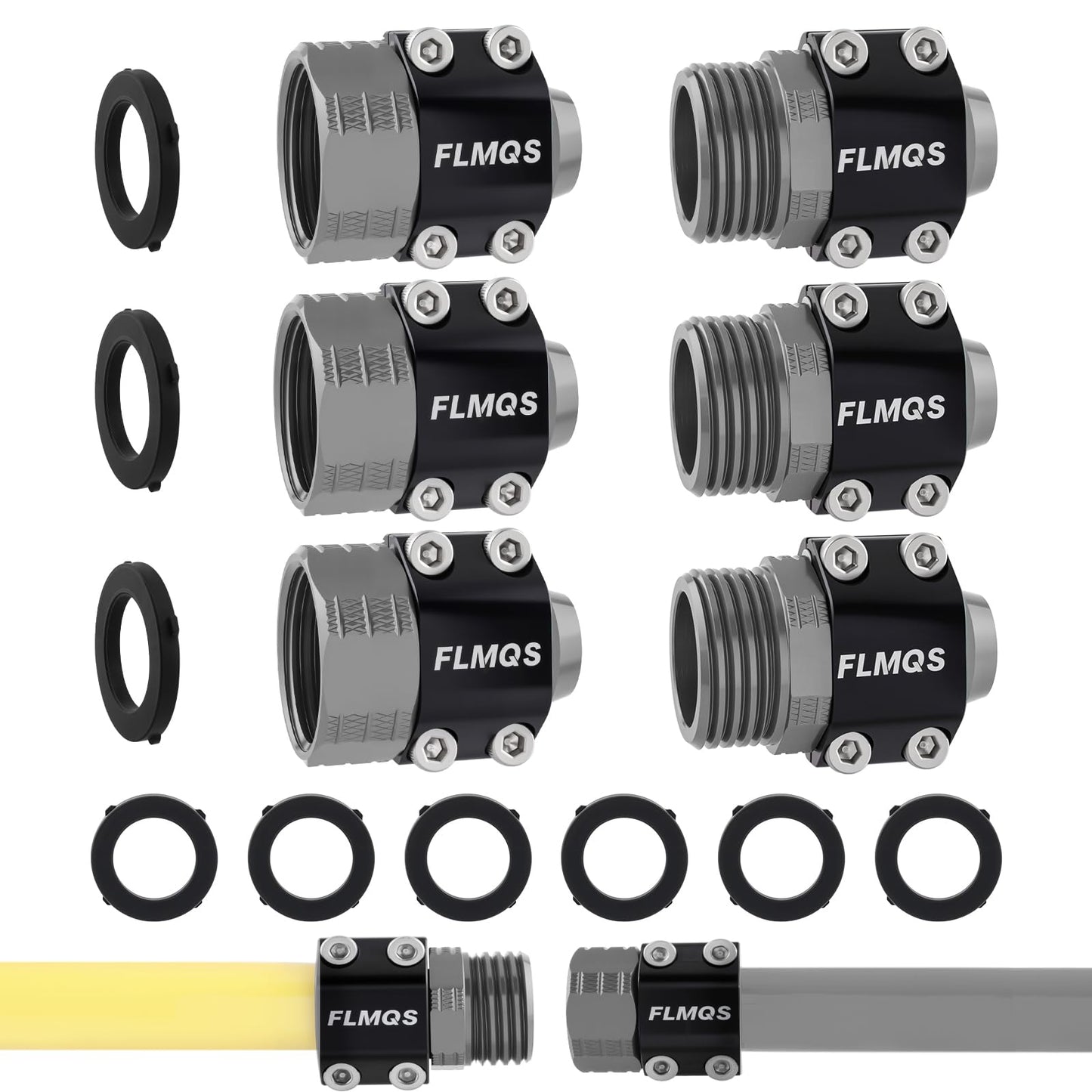 FLMQS Garden Hose Repair Connector Kit with Clamps, Fits 3/4" or 5/8" Garden Hoses, Leak-Proof Male and Female Hose Adapter, 3 Sets Black