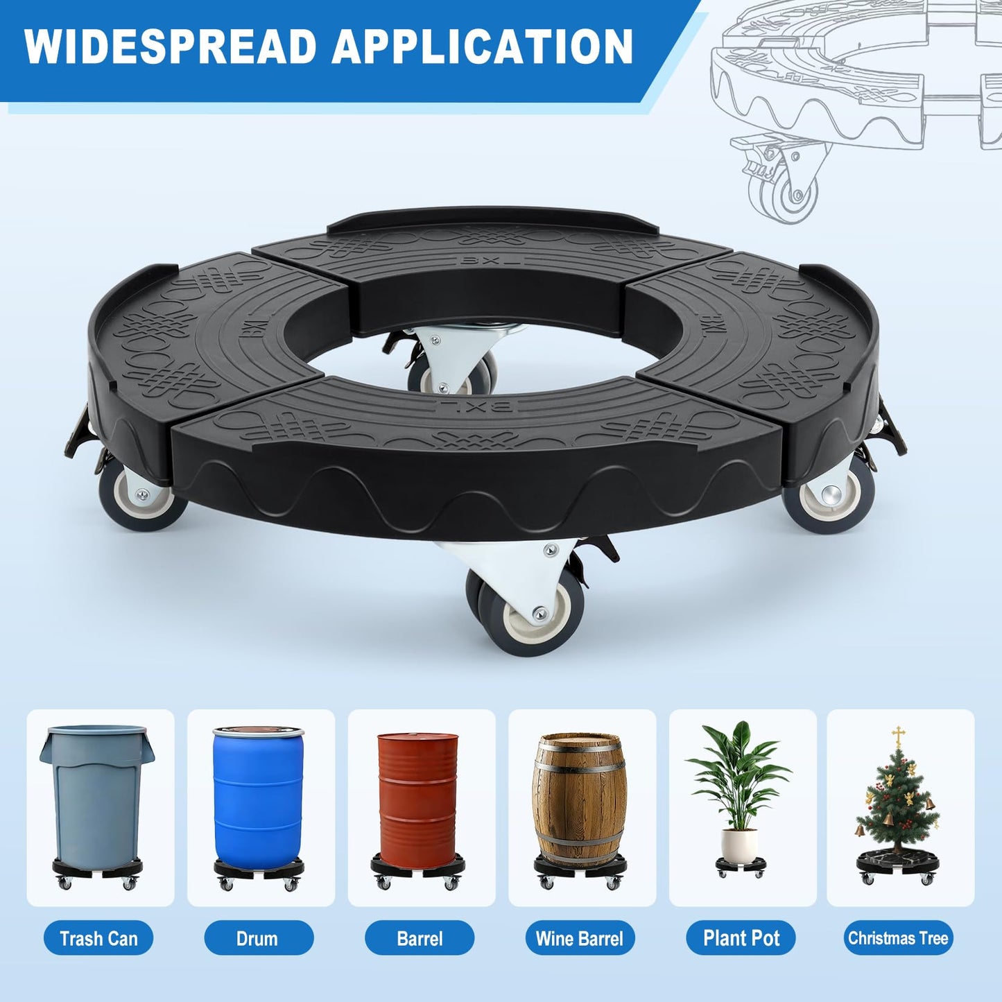 W B D WEIBIDA Trash Can Dolly Wheels Adjustable 15-19 Inch Round Roller with 4 Wheels Drum Cart Heavy Duty 440lbs Keg Truck Large Barrel Dollies Multi Functional Rolling Stand Plant Caddy