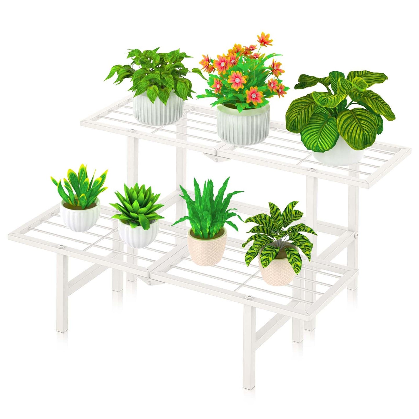 jsyonii 2 Tier Metal Plant Stand Outdoor Indoor, Separated Tiered Outdoor Folding Plant Shelf, Ladder Plant Stands Display Rack for Garden Window, 8.3/15.4'' Tall (White)