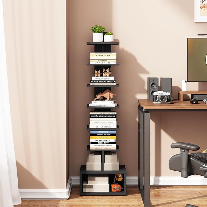 TUTOTAK Narrow Bookshelf, Vertical 8-Tier Bookcase, Spine Book Shelf